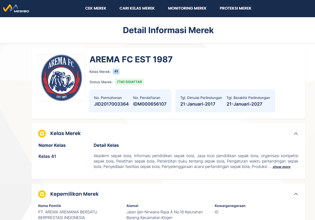 merek arema terdaftar